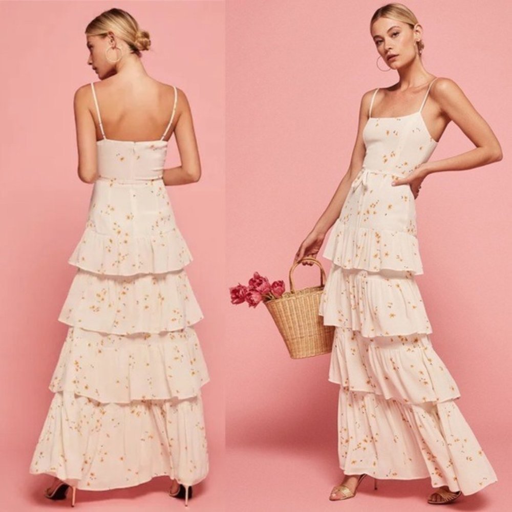 NWT Reformation Foxglove Tiered Ruffle Maxi Dress 2 Opium Floral Georgette - Picture 2 of 11